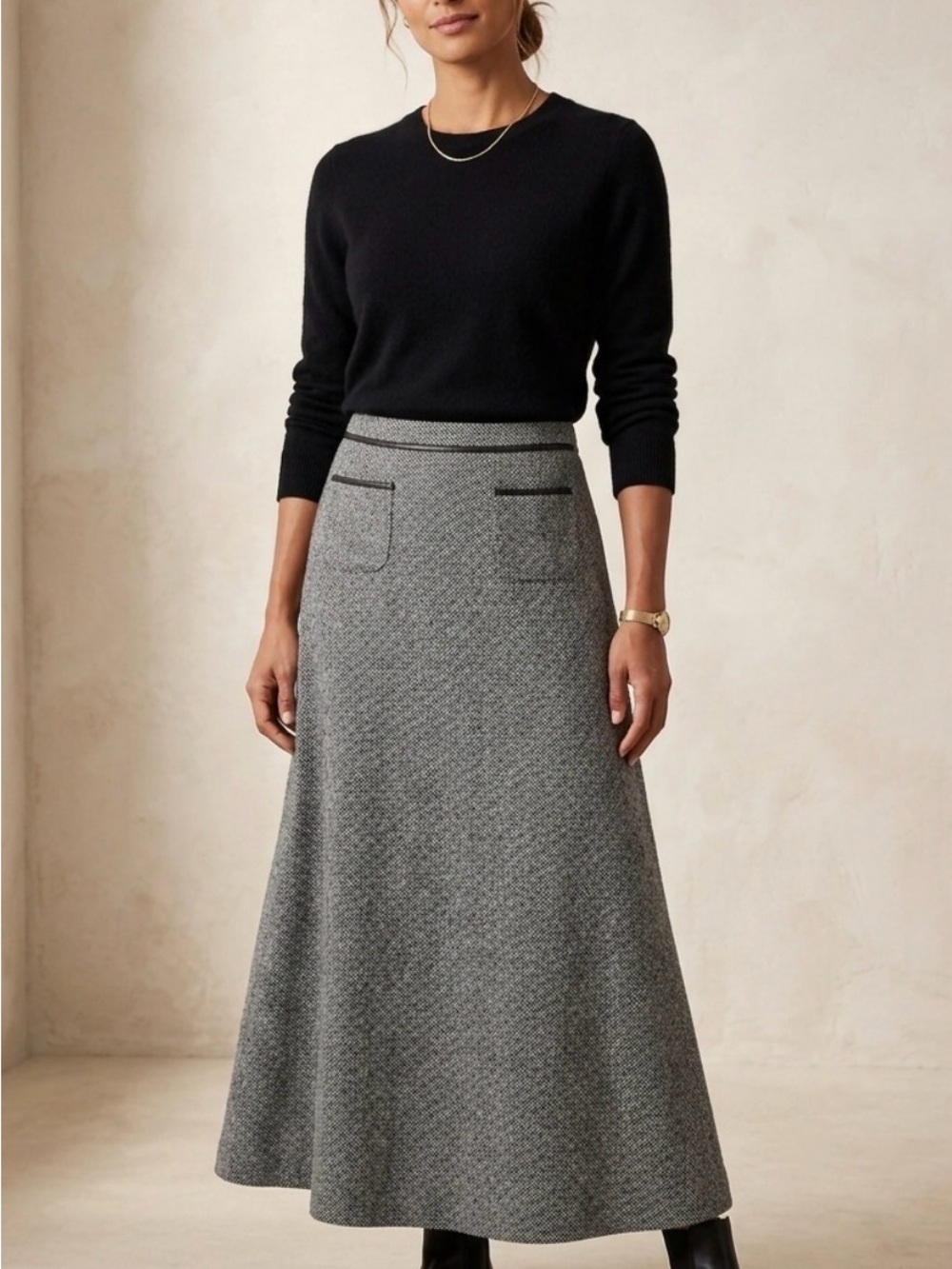 Vintage Wool Blend Mini houndstooth A-Line skirt Vegan Leather black/white